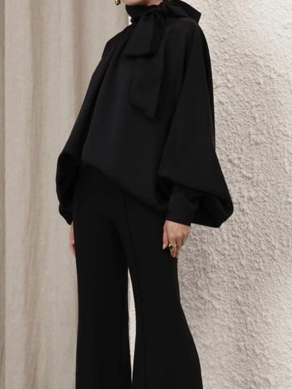 Zimmermann CRUSH TWILL TIE NECK BLOUSE Black High Neck Bow Balloon Long Sleeve